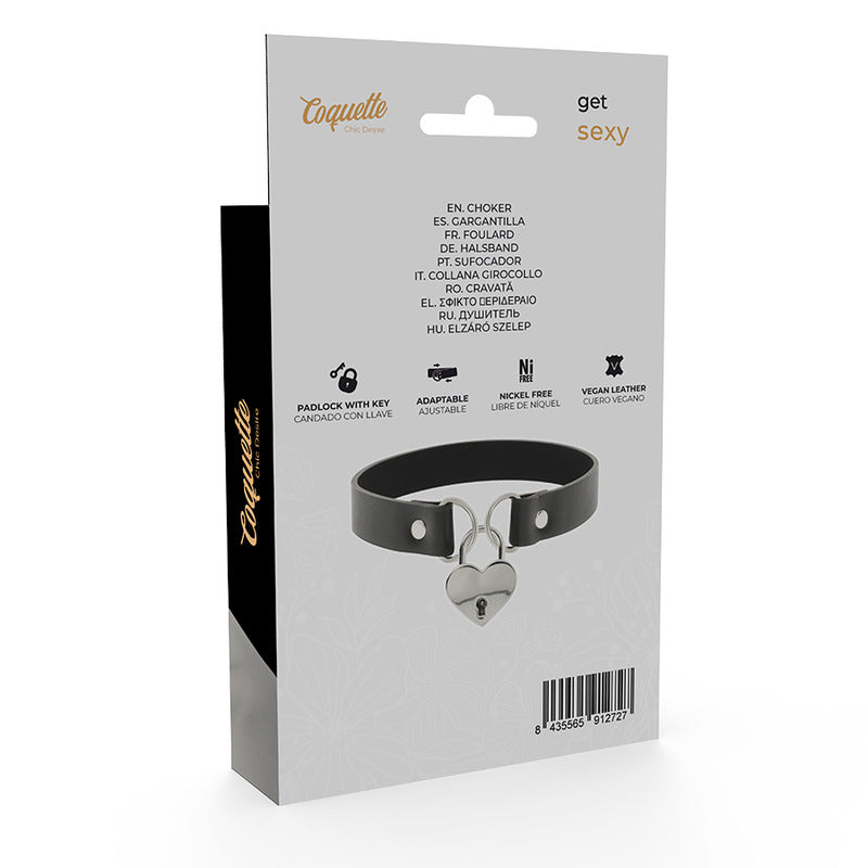 Collare in pelle vegana nero con lucchetto a forma di cuore