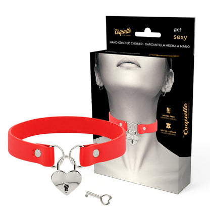 Collare in pelle vegana rosso con lucchetto a forma di cuore