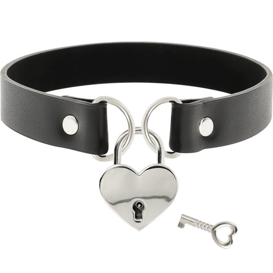 Collare in pelle vegana nero con lucchetto a forma di cuore