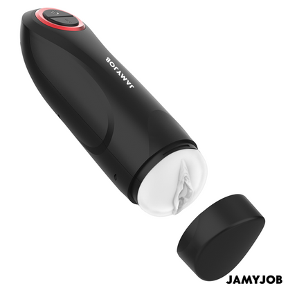 Masturbatore automatico Gravity per uomo con dettagli rossi e design ergonomico.